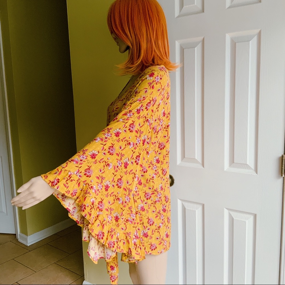 HPx2 Mustard Red Floral Tunic Relaxed Fit Ruffle Butterfly Sleeves Tie Waist SML - Picture 4 of 16